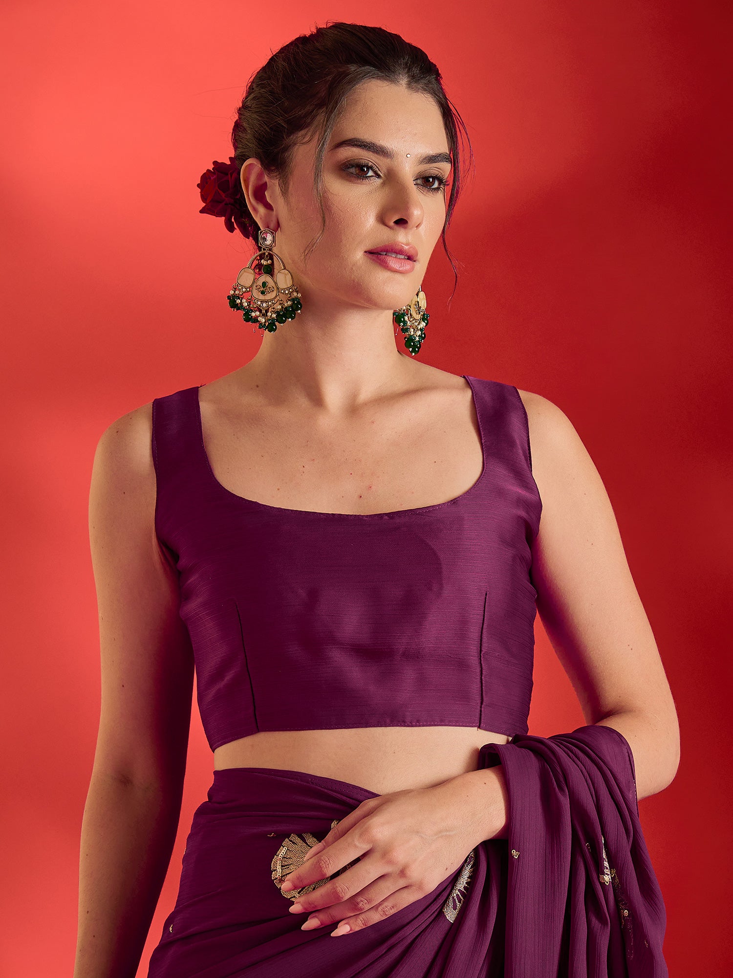 Unstitched wine satin blouse piece with solid design
