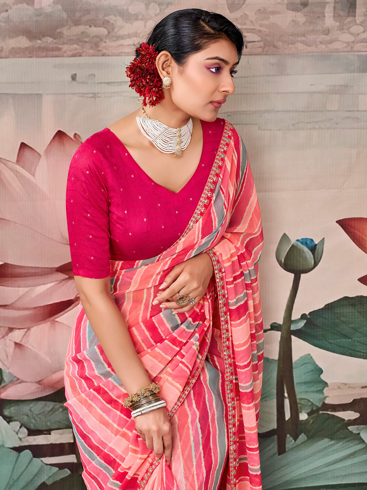 Pink Georgette saree – detail view 3