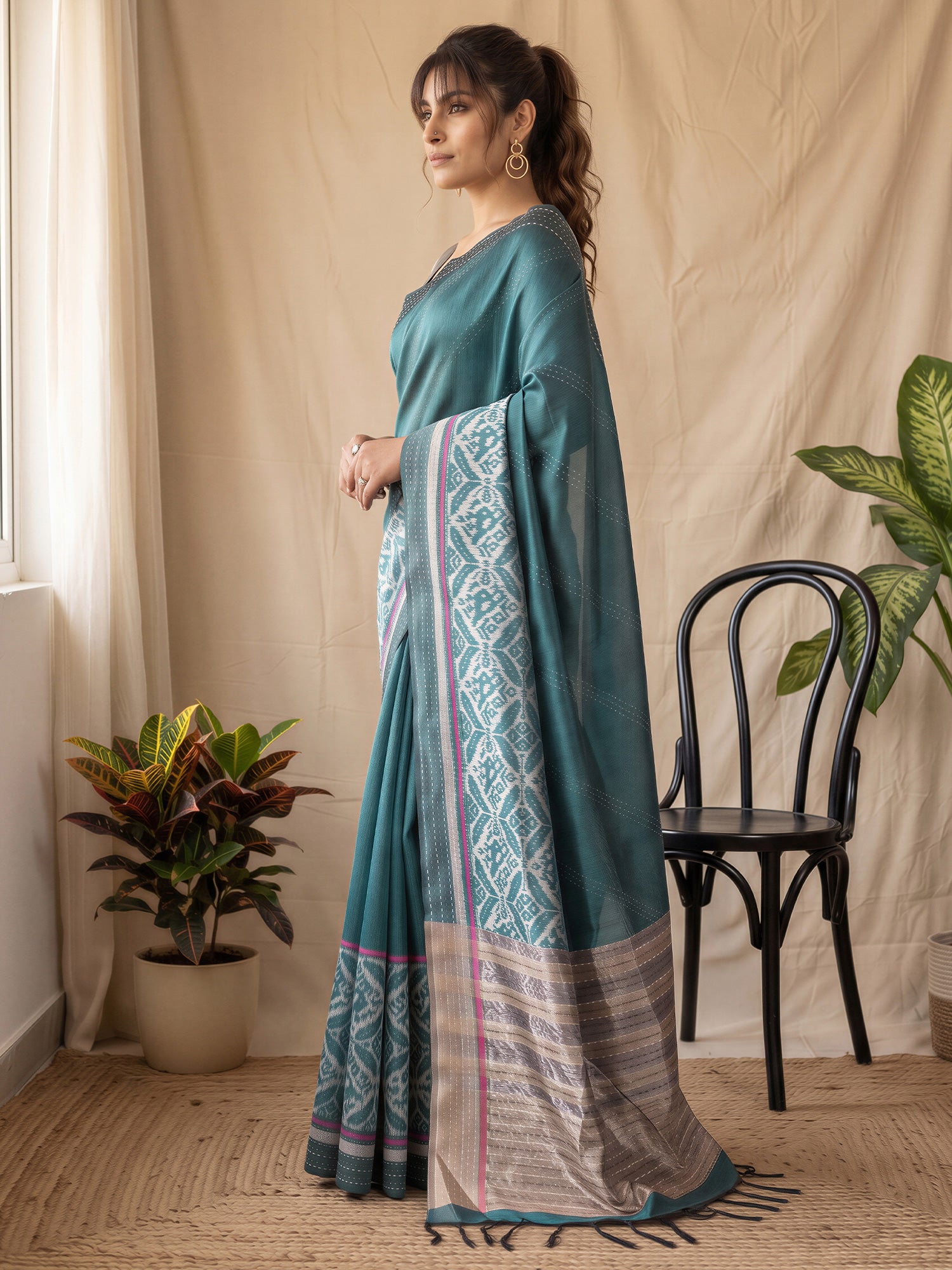 Teal Blue Silk Cotton saree – detail view 1