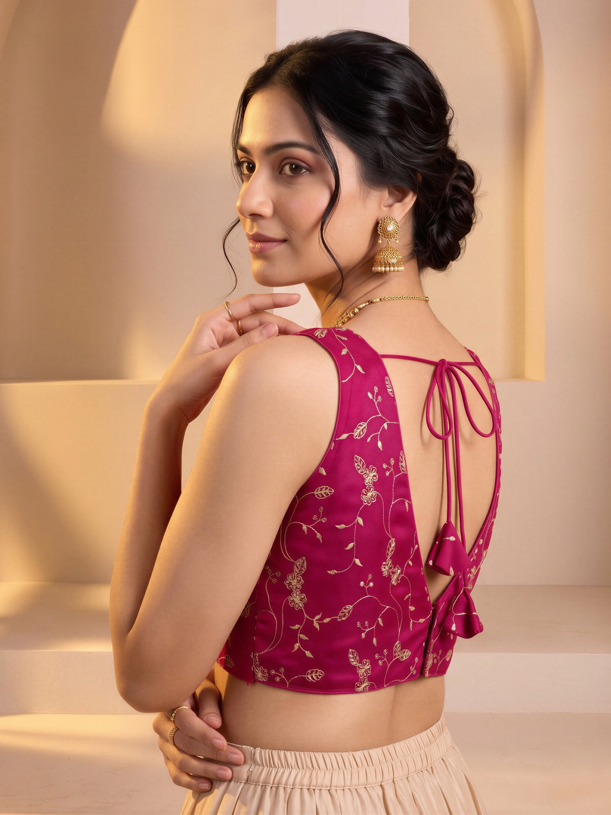 Pink sequin embroidered vichitra silk sleeveless readymade saree blouse with v neck view 1