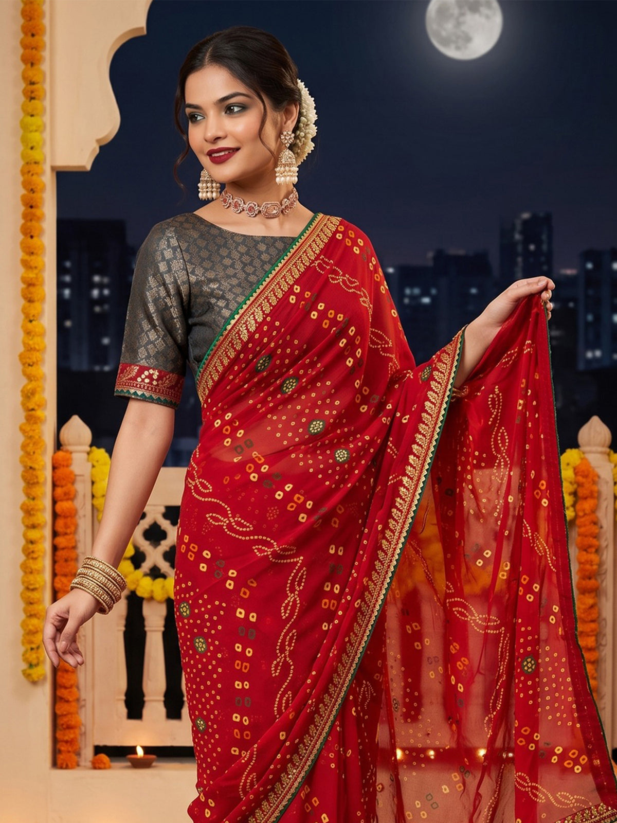Red Georgette saree – detail view 4