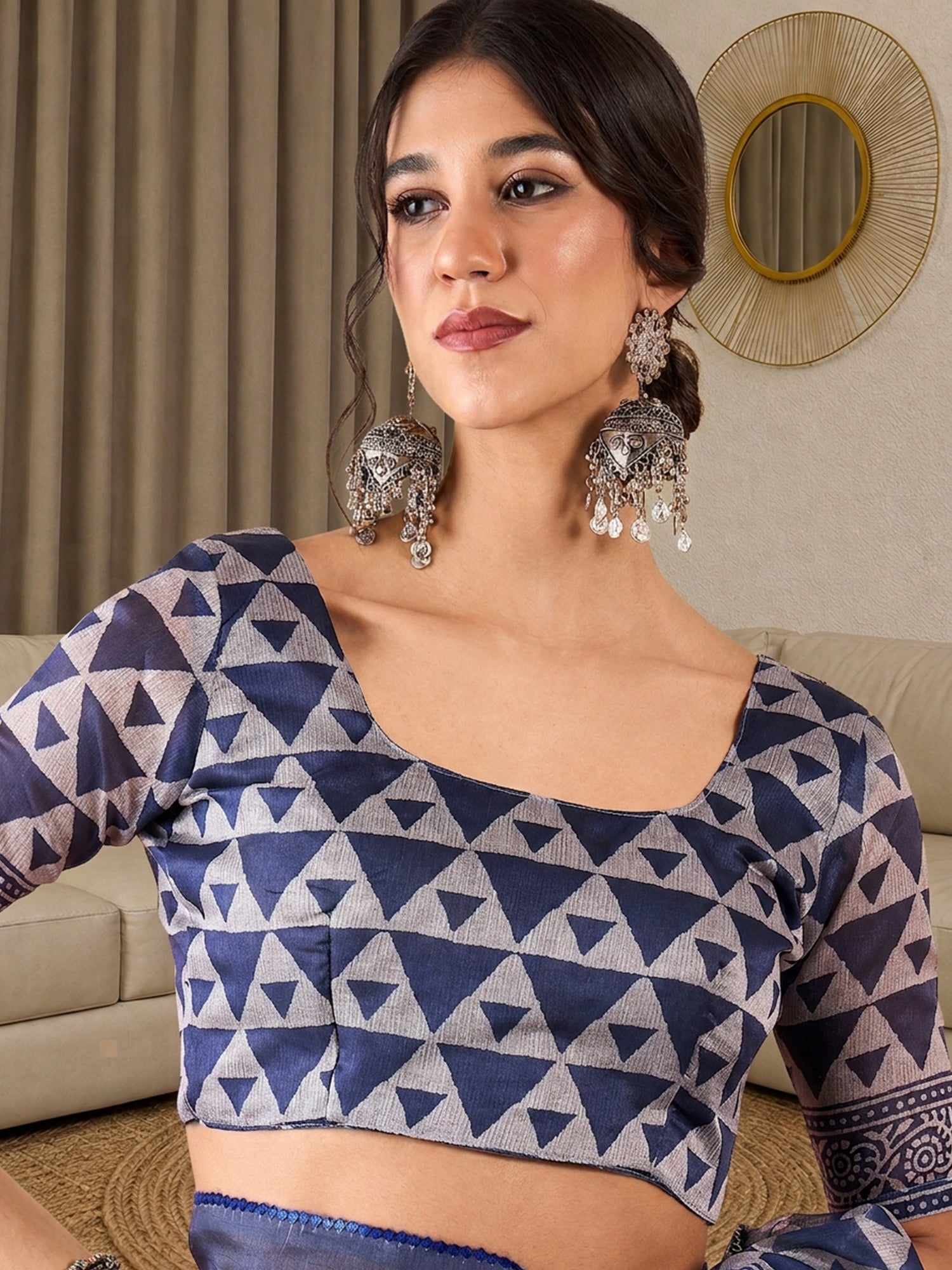 Unstitched indigo silk blend blouse piece with ethnic motif design