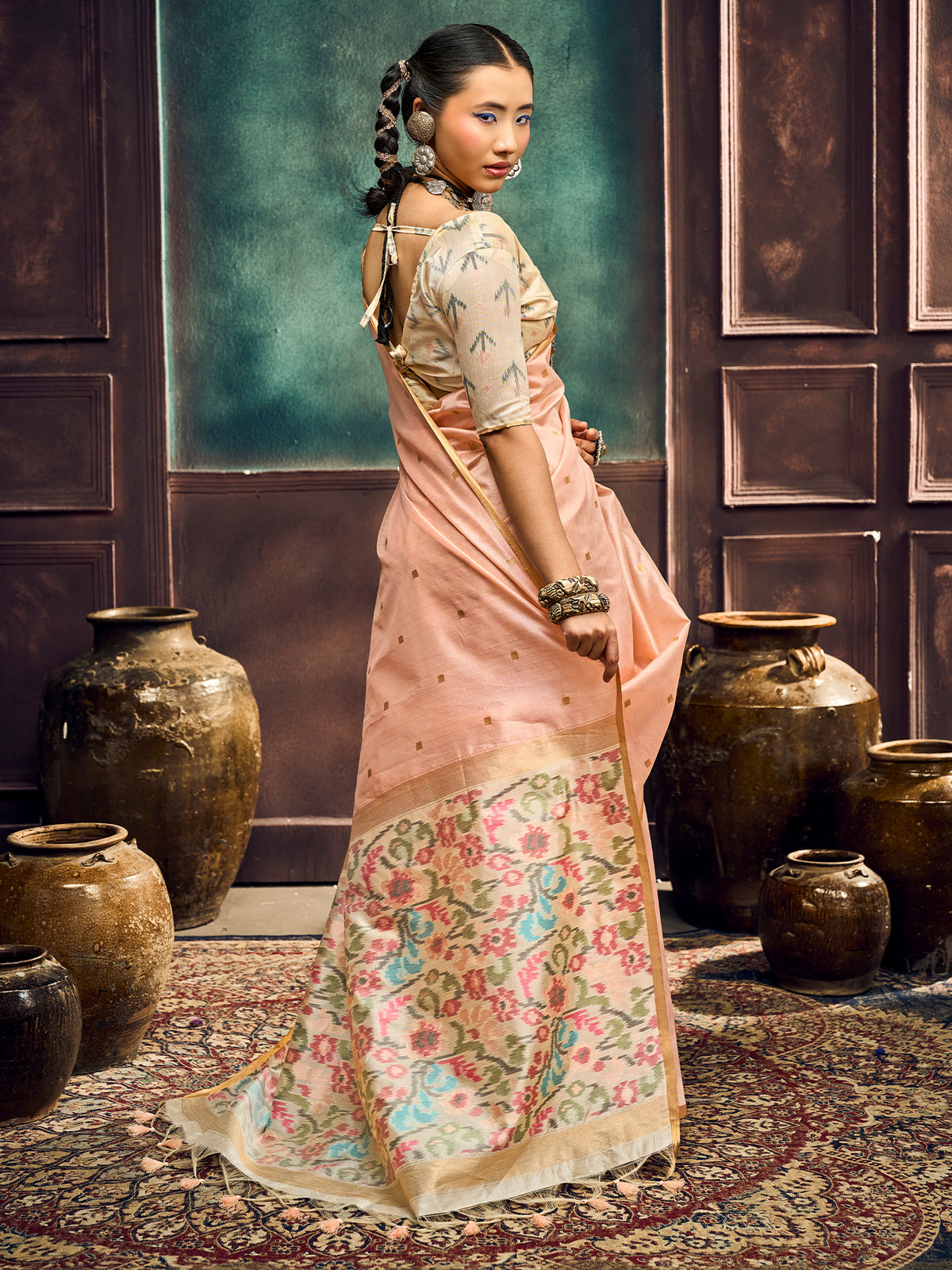 Peach Cotton Silk saree – detail view 1