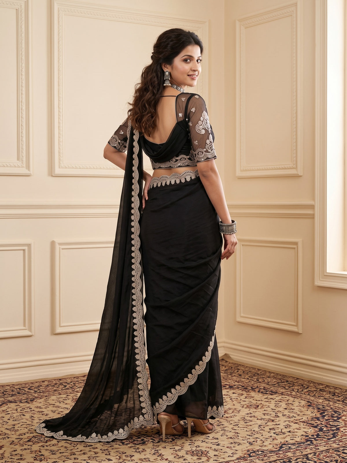 Black Satin saree – detail view 2