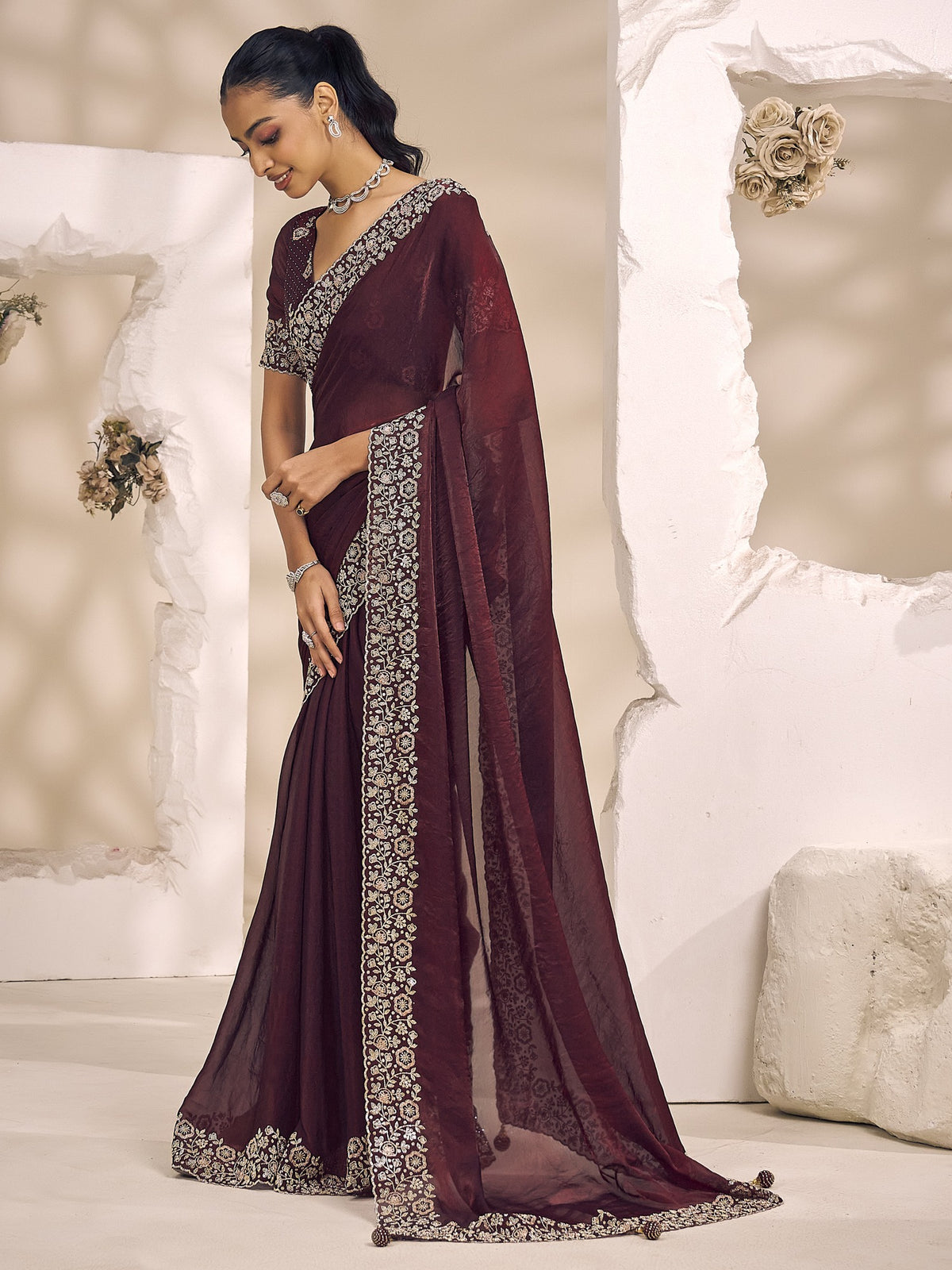 Wine satin silk saree view 1