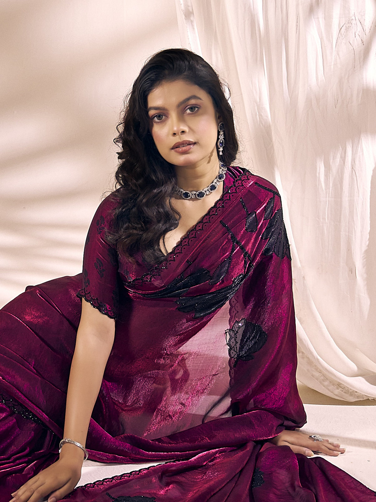Magenta satin silk saree view 3