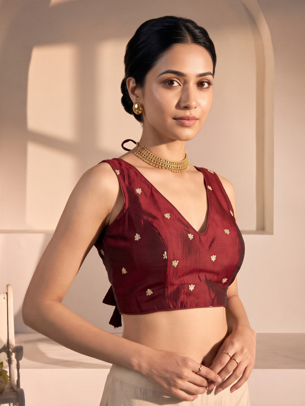 Maroon sequin embellished vichitra silk sleeveless readymade saree blouse with v neck