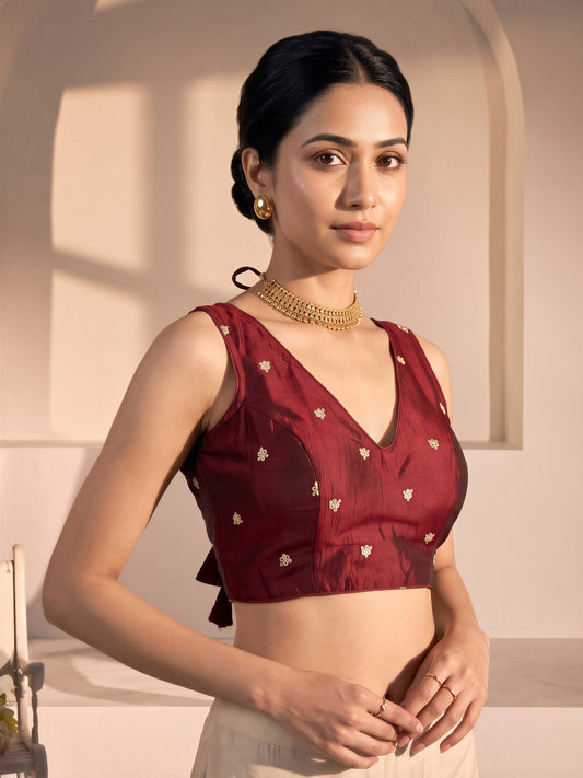 Maroon sequin embellished vichitra silk sleeveless readymade saree blouse with v neck