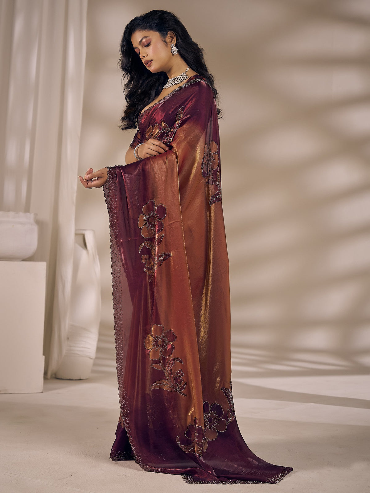 Rust satin silk saree view 1
