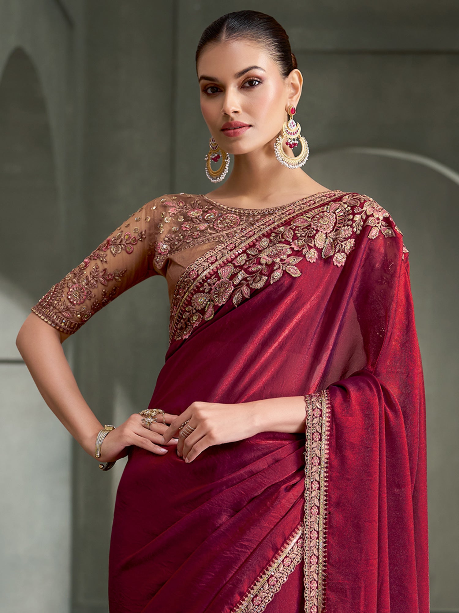 Wine Satin Silk saree – detail view 3