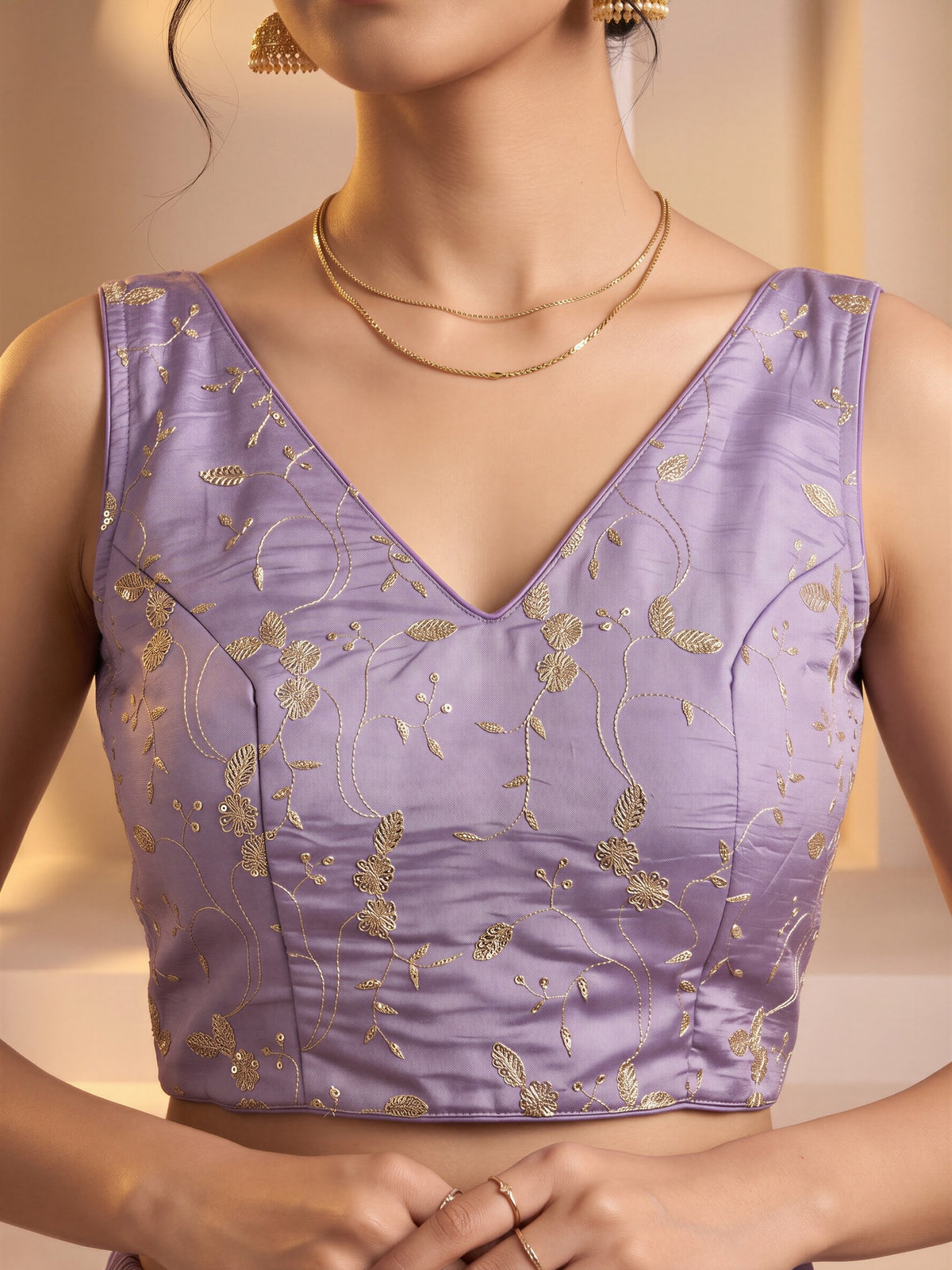Lavender sequin embroidered vichitra silk sleeveless readymade saree blouse with v neck view 4