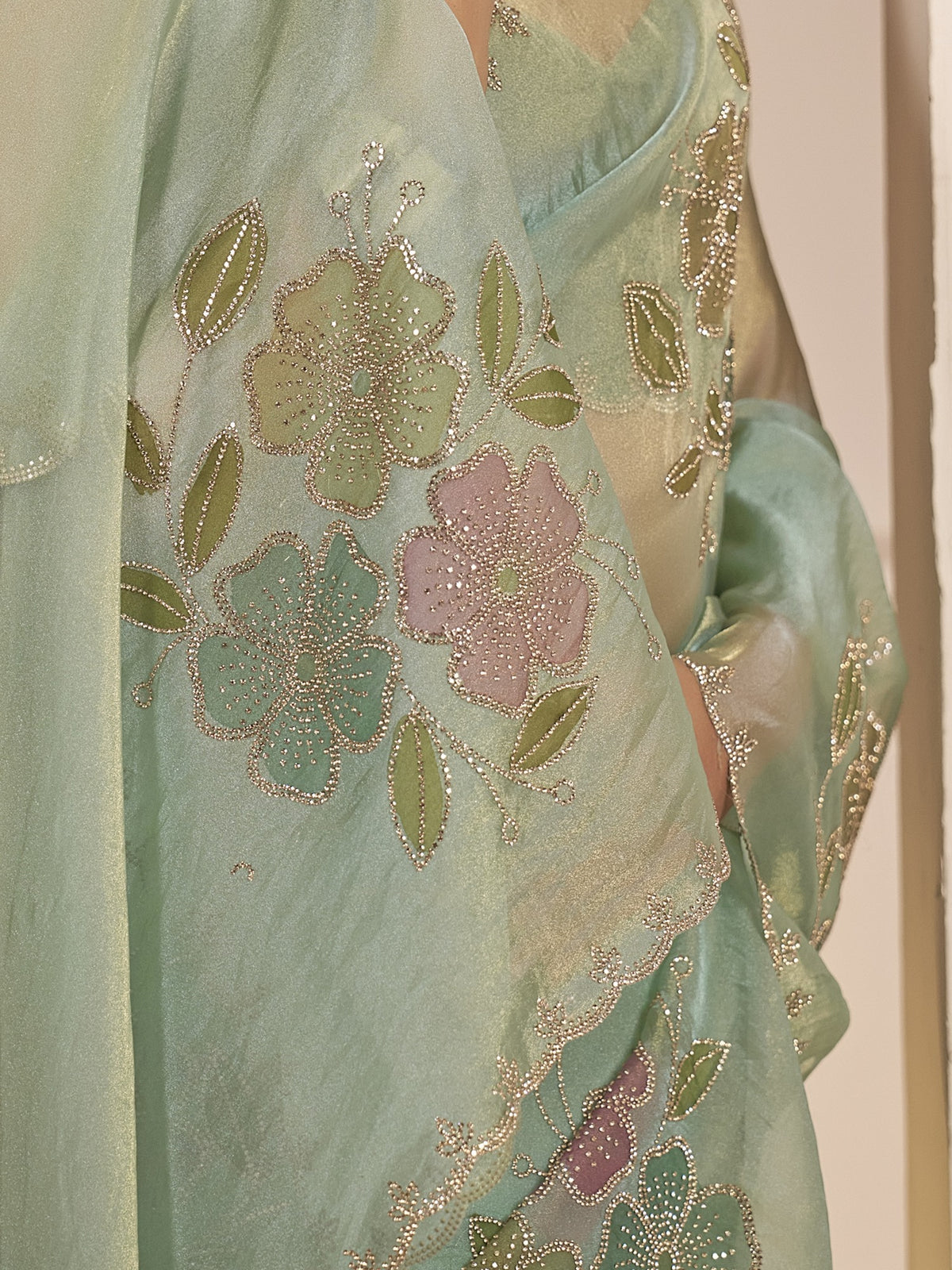 Sea Green organza saree view 5