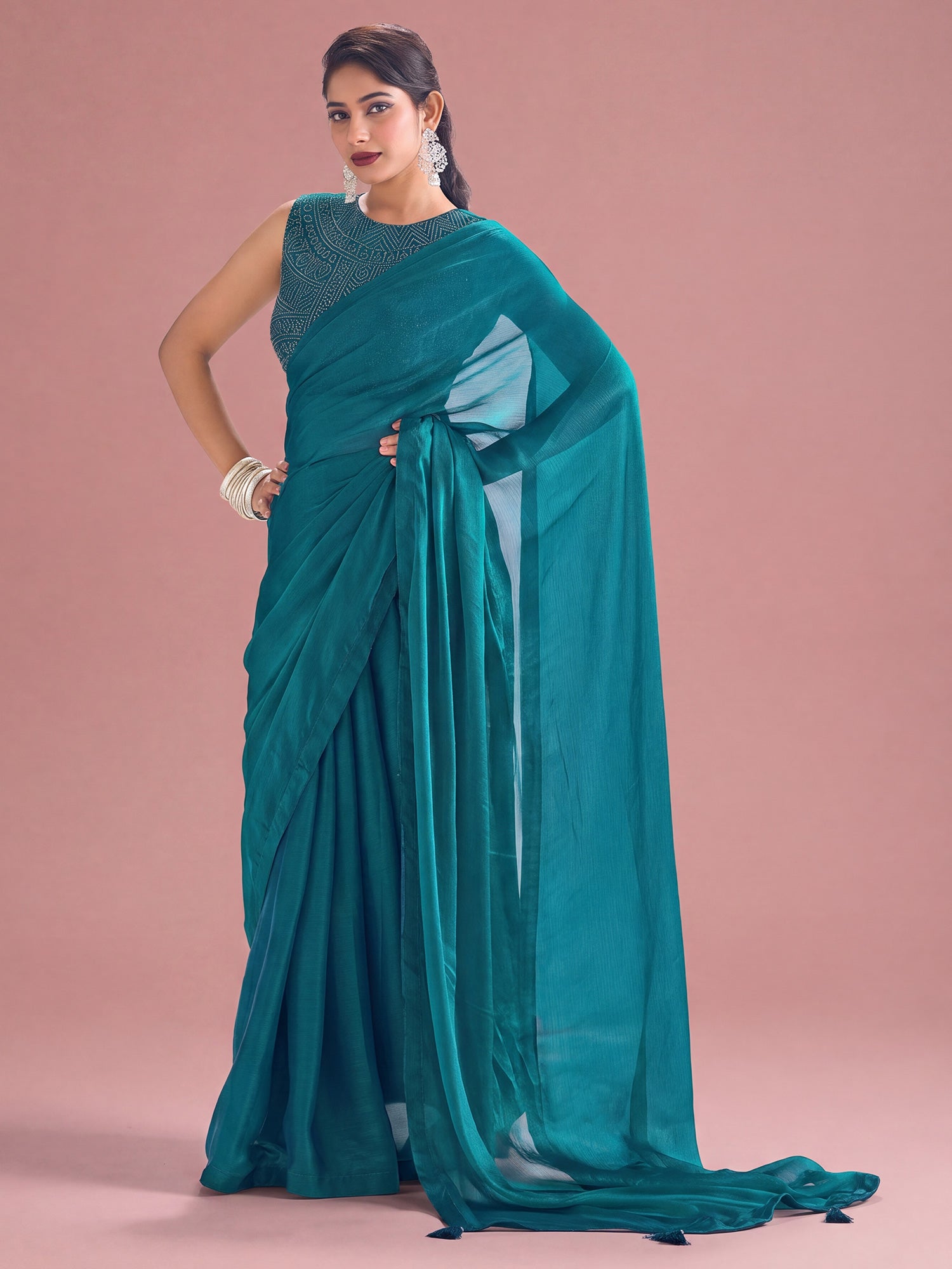 Teal Blue Satin Silk saree – detail view 2