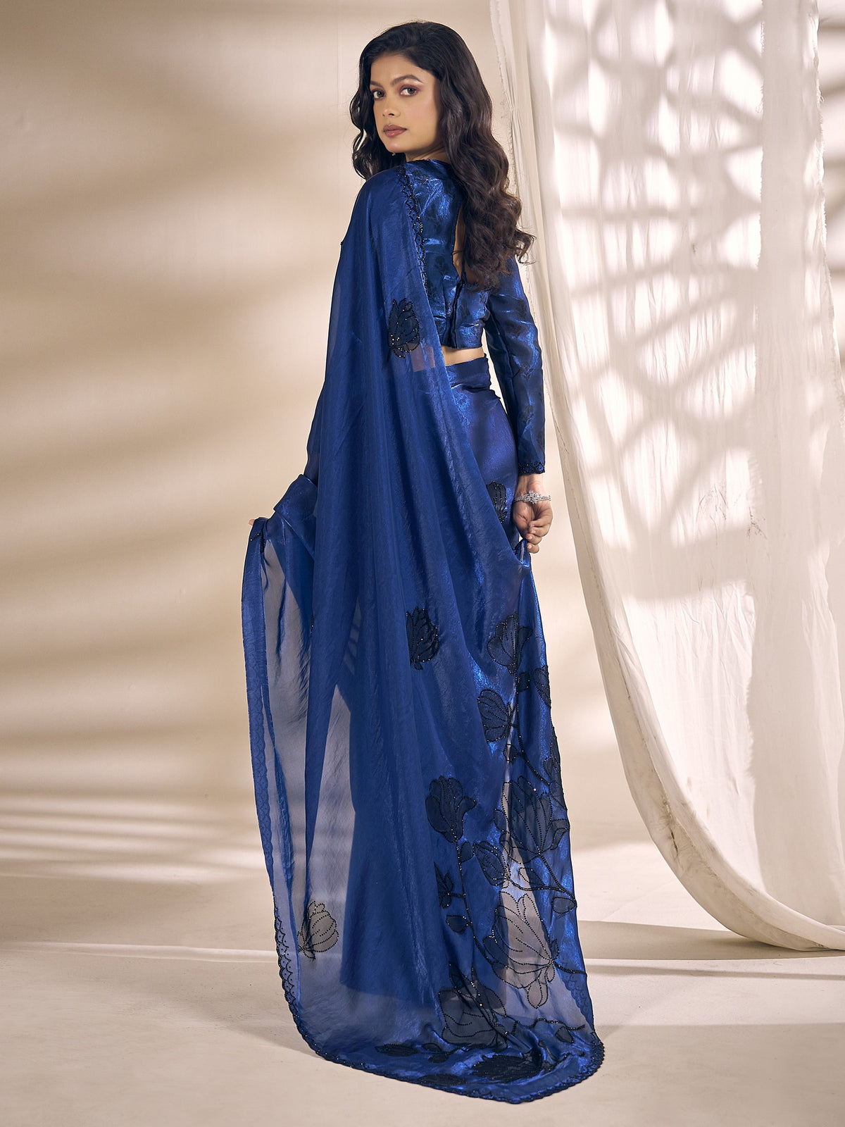 Blue satin silk saree view 3