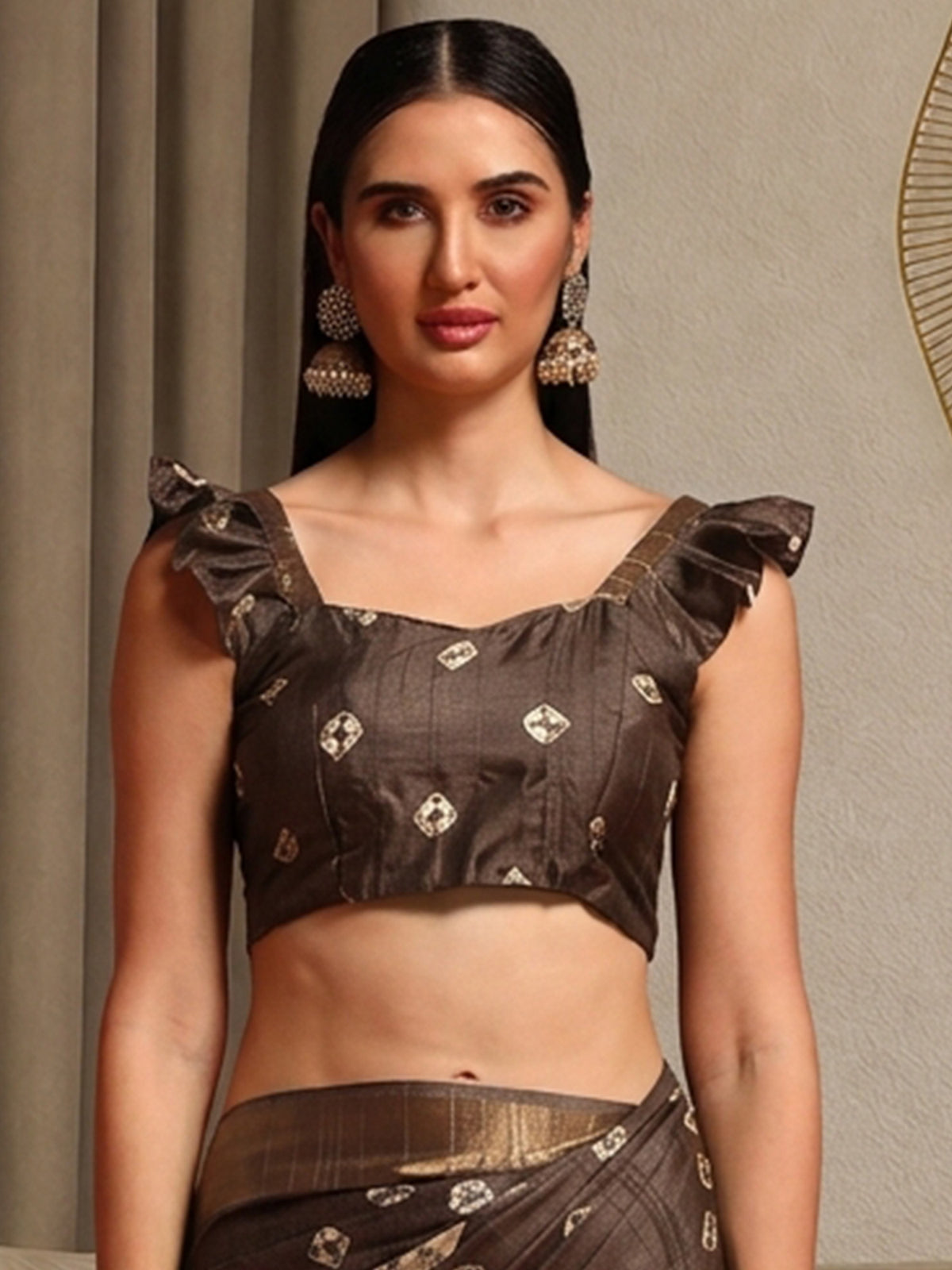 Unstitched brown silk blend blouse piece with bandhani design
