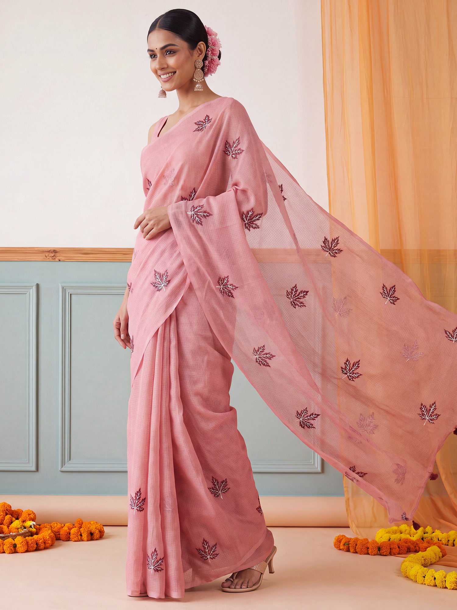 Peach Kota Doria Cotton saree – detail view 3