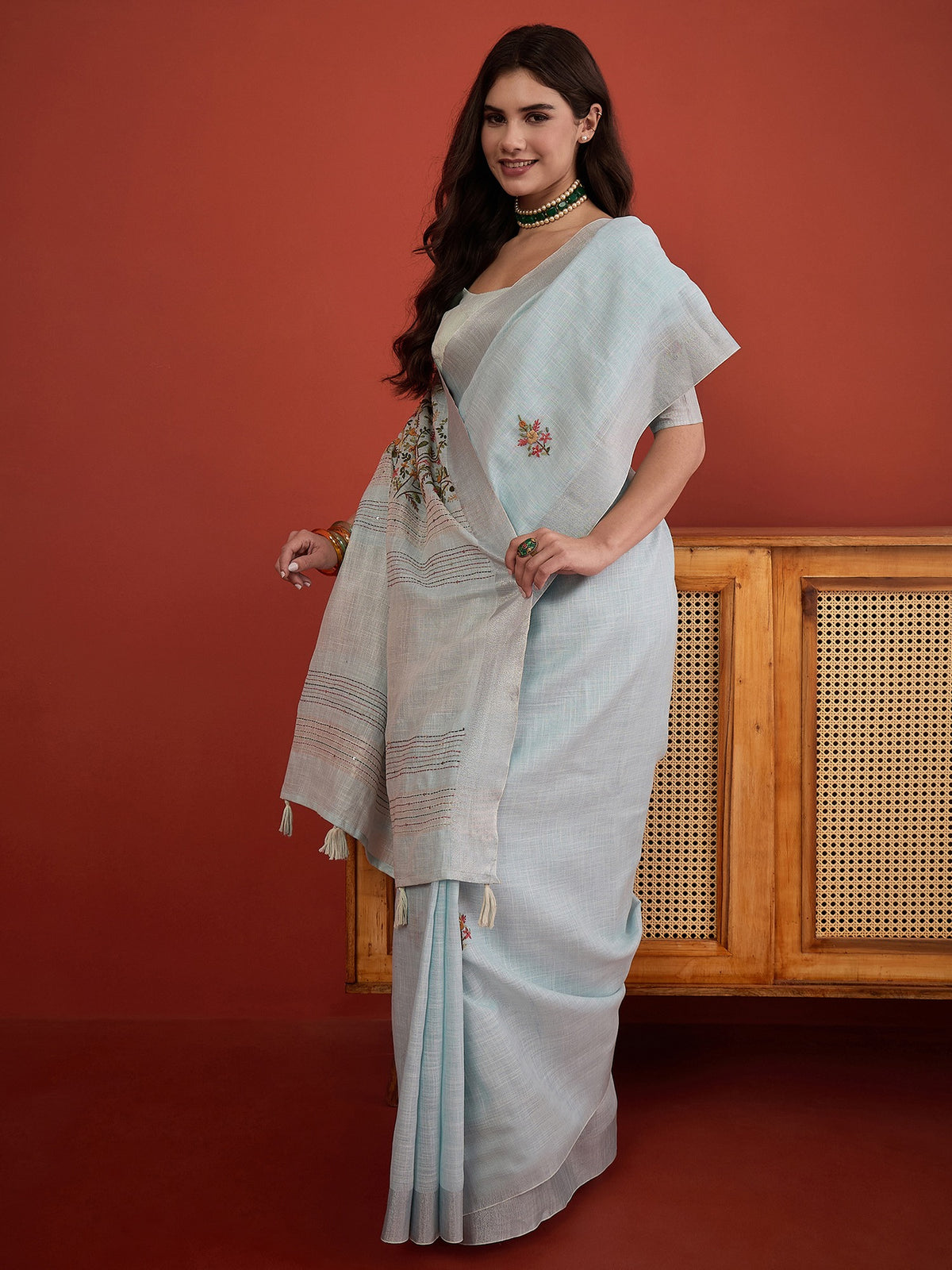 Light Blue linen blend saree view 4