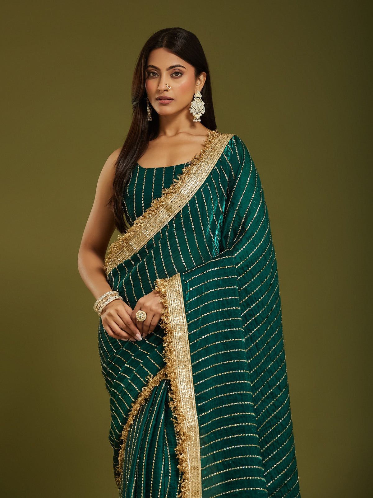 Teal Green Satin saree – detail view 6