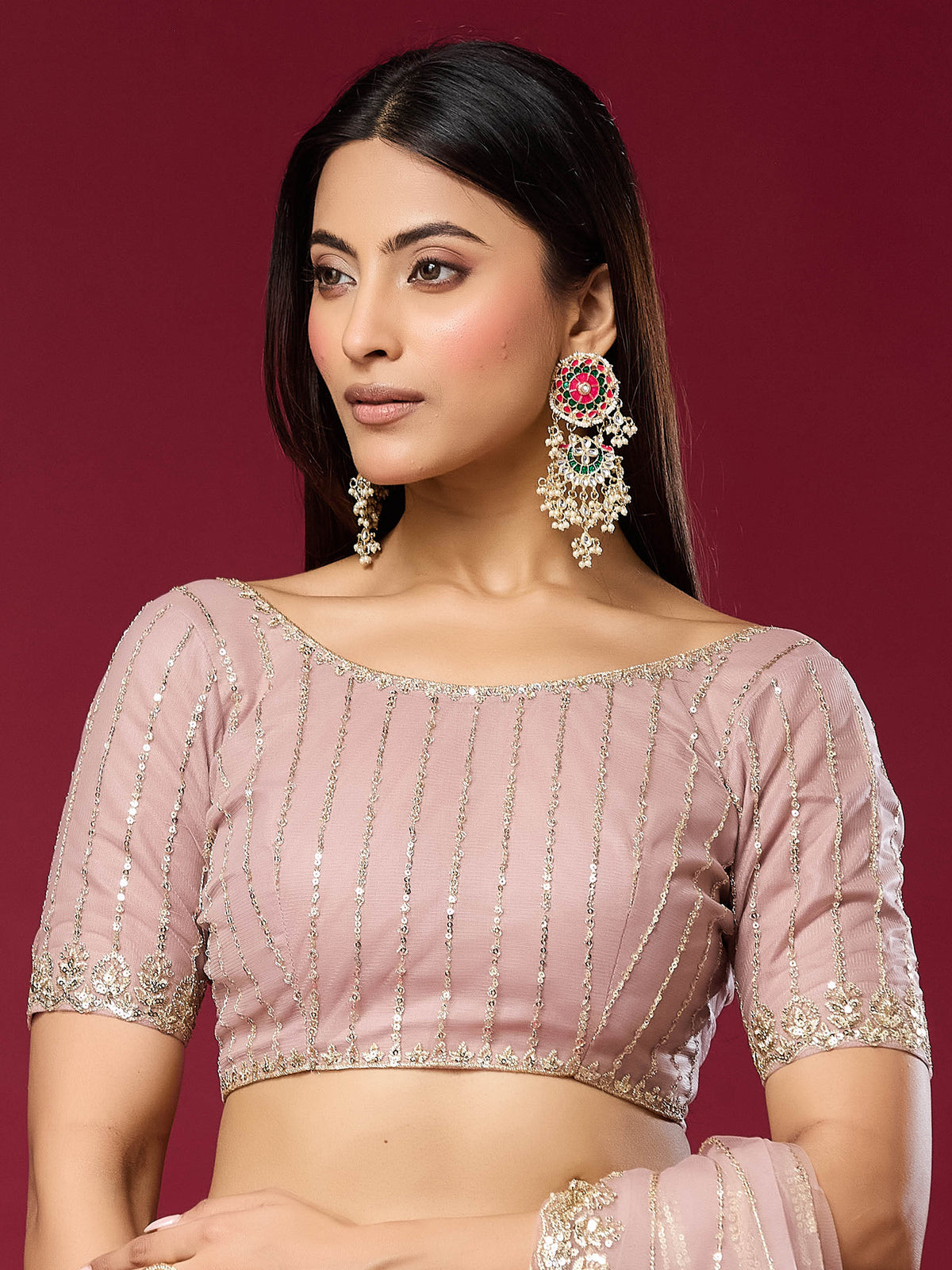 Unstitched pink net blouse piece with embellished design