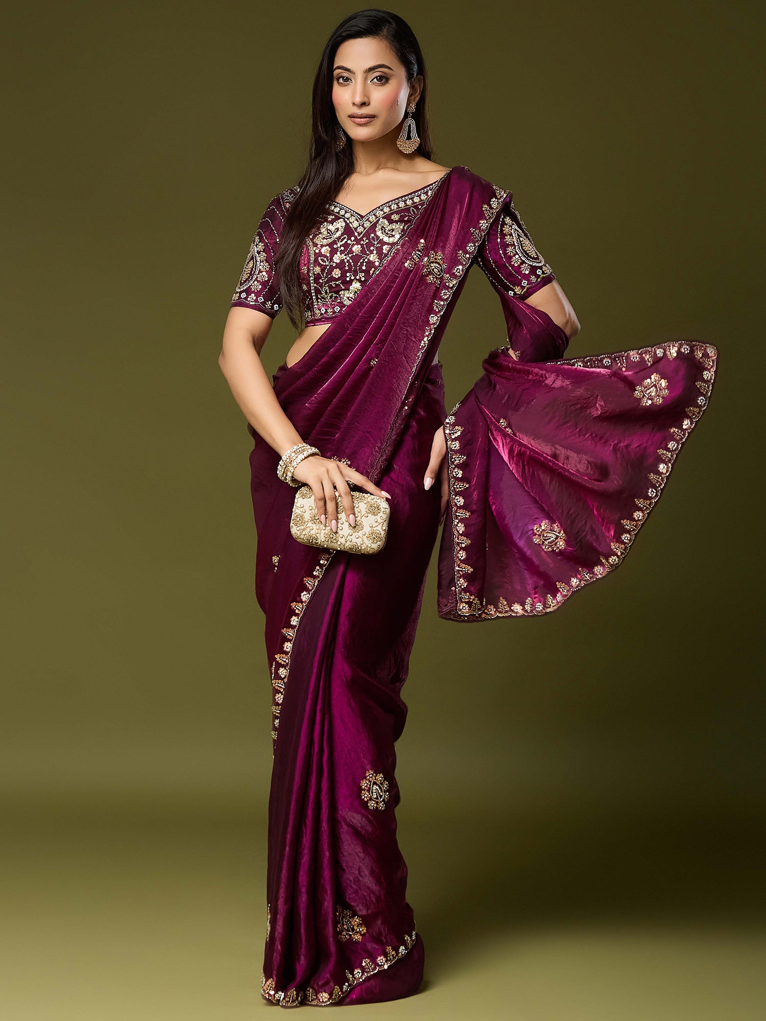 Wine Satin Silk saree – detail view 3