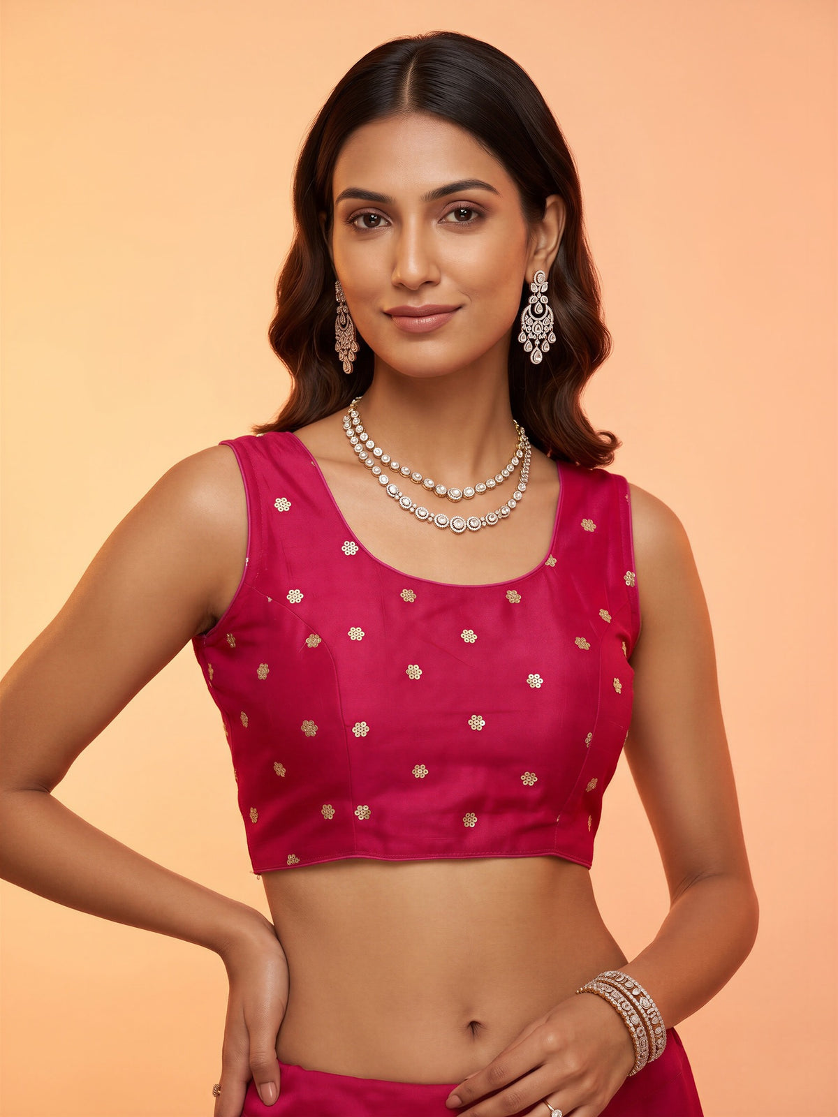 Pink sequin embellished chinnon sleeveless readymade saree blouse with round neck view 3