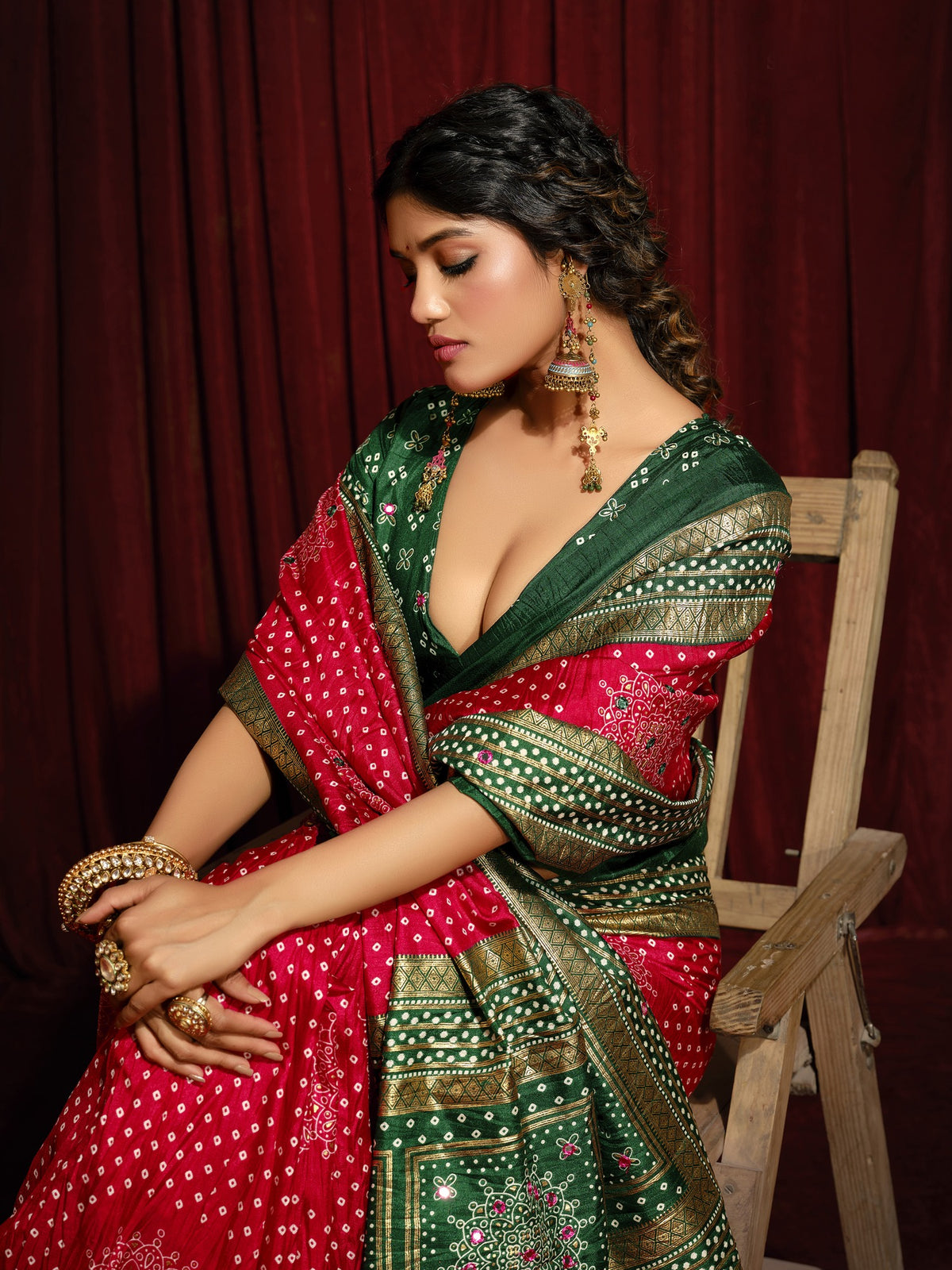 Red tussar silk saree view 3