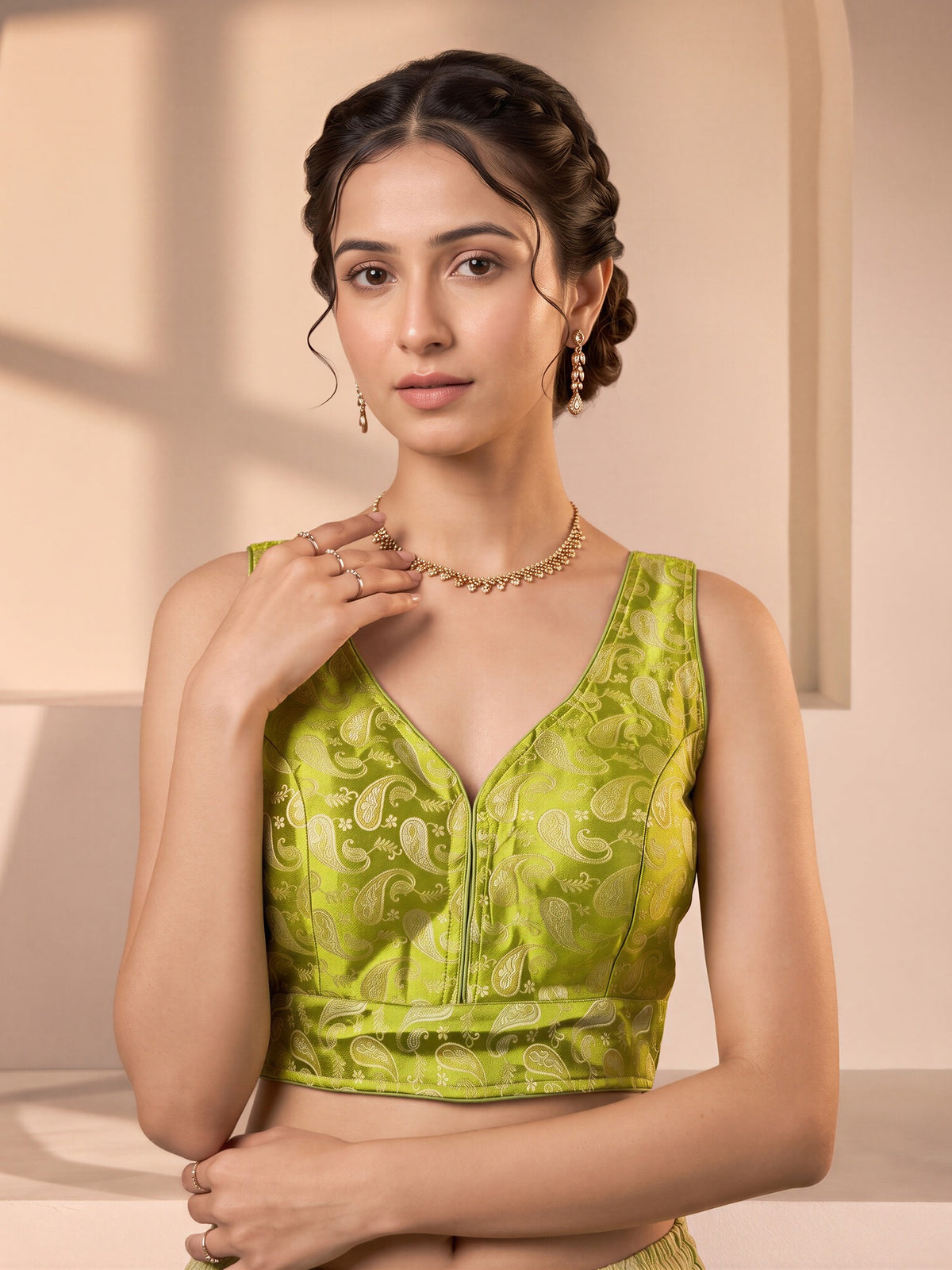 Lime Green woven brocade silk blend sleeveless readymade saree blouse with v neck
