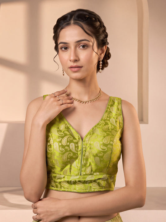 Lime Green woven brocade silk blend sleeveless readymade saree blouse with v neck