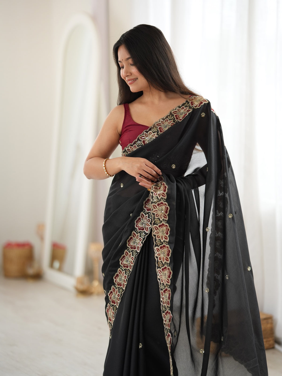 Black Georgette saree – detail view 3