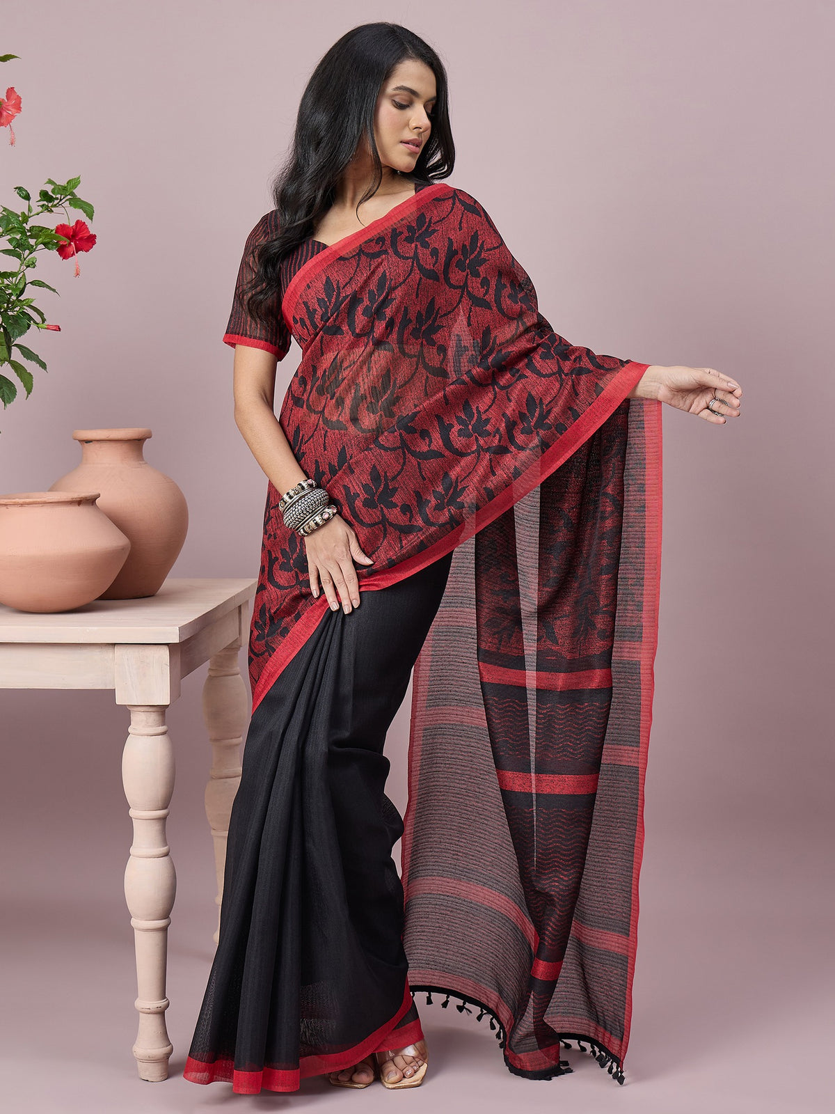 Black cotton slub saree view 4