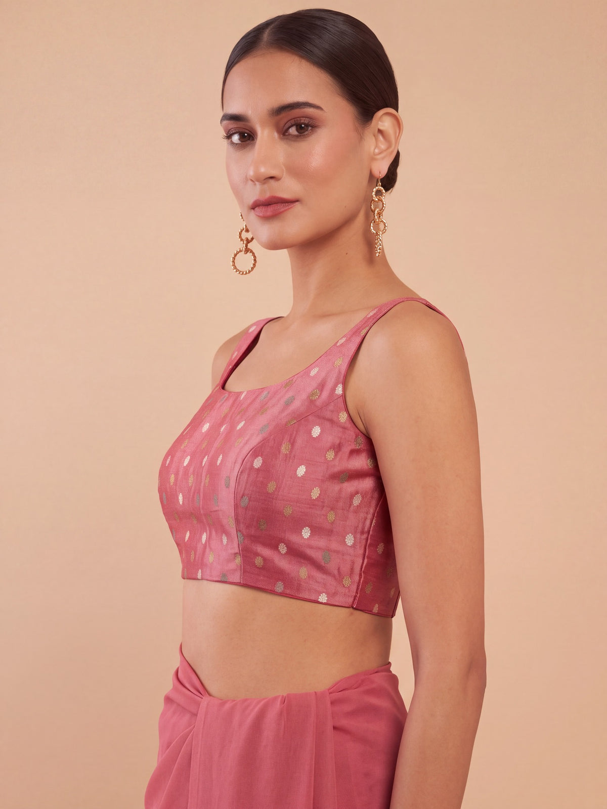Peach zari woven georgette sleeveless readymade saree blouse with round neck view 4