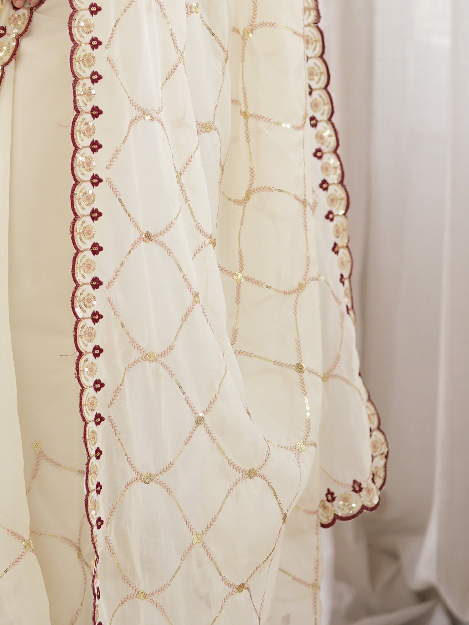 Pallu detail of off white georgette saree showing ornamented surface design and embellished border
