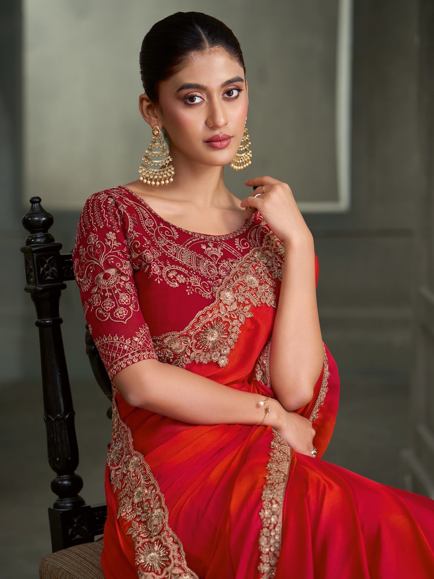 Red Chiffon saree – detail view 1