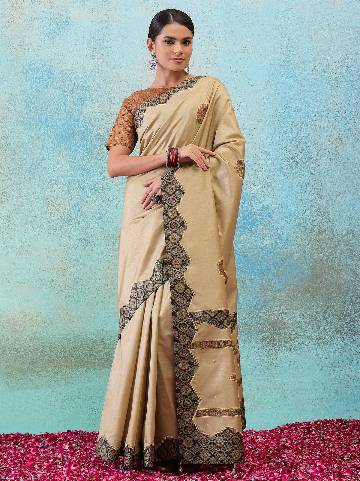 Light Brown applique silk blend saree with rust blouse piece