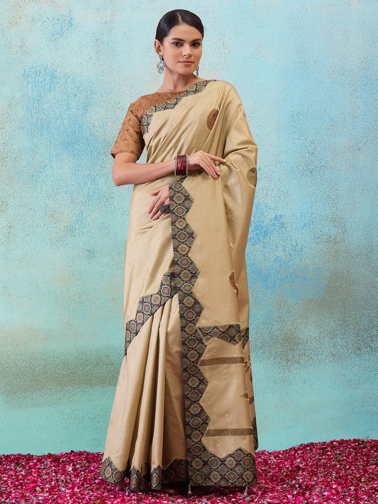 Light Brown applique silk blend saree with rust blouse piece