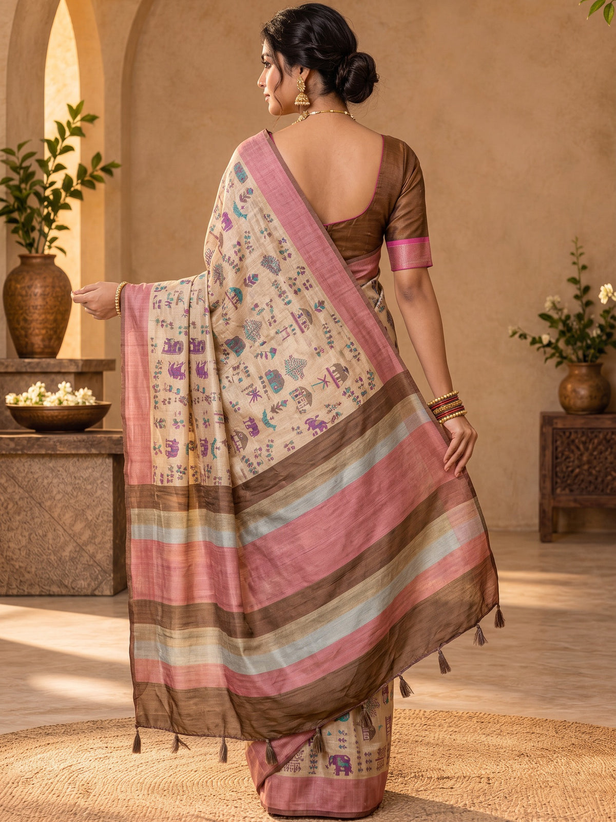 Beige soft silk saree view 4