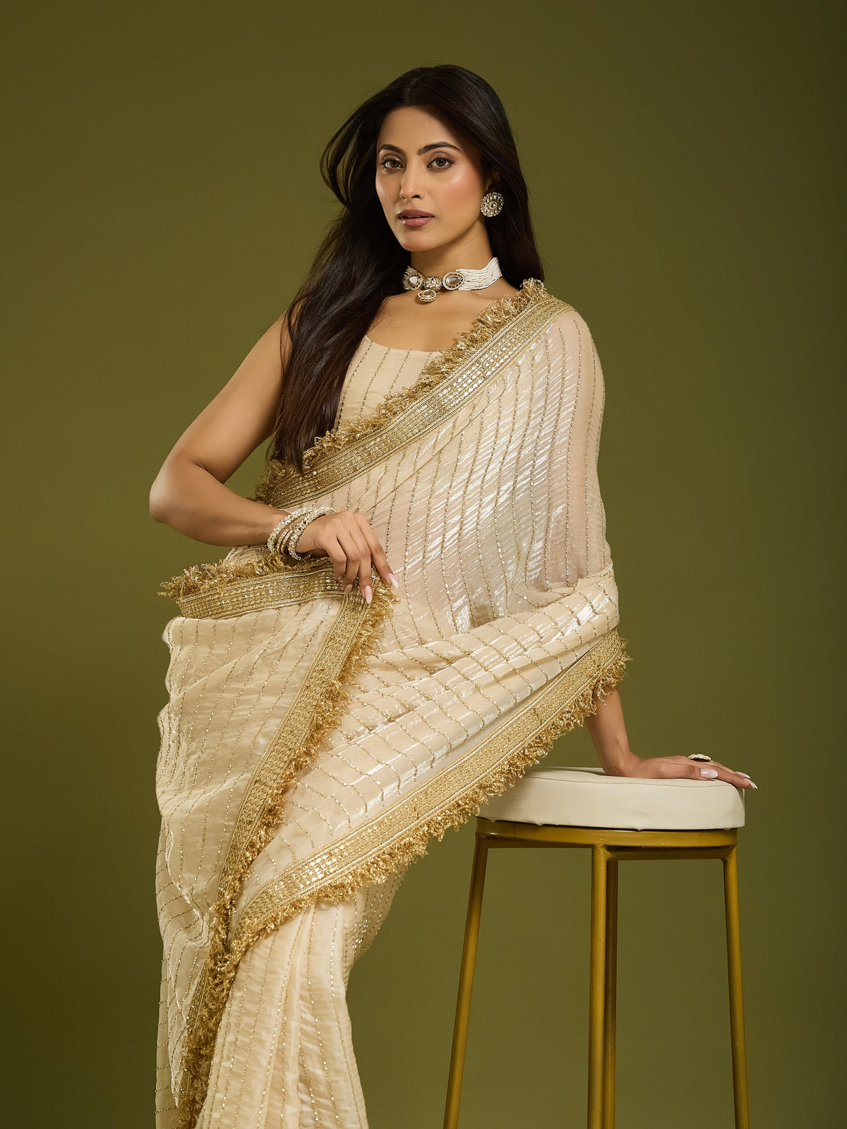 Cream Satin saree – detail view 3