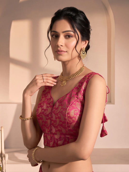Pink woven brocade silk blend sleeveless readymade saree blouse with v neck