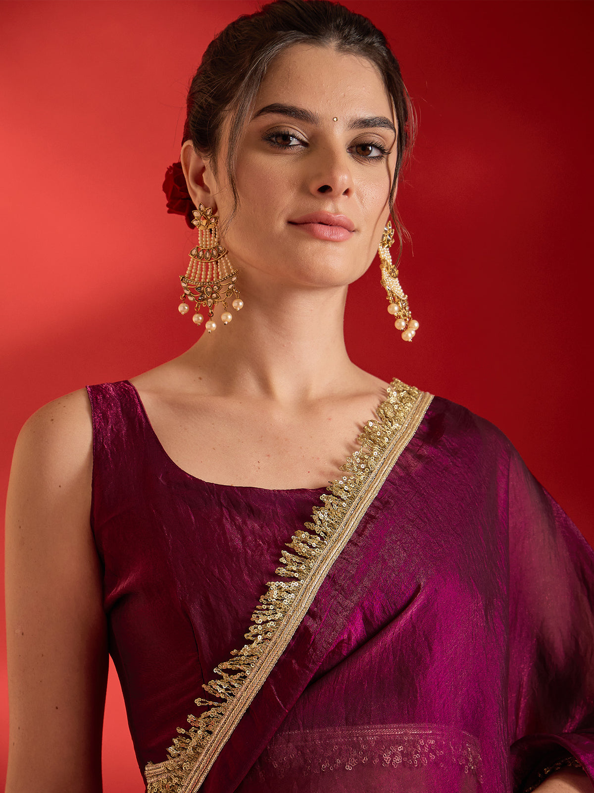 Wine Satin saree – detail view 3