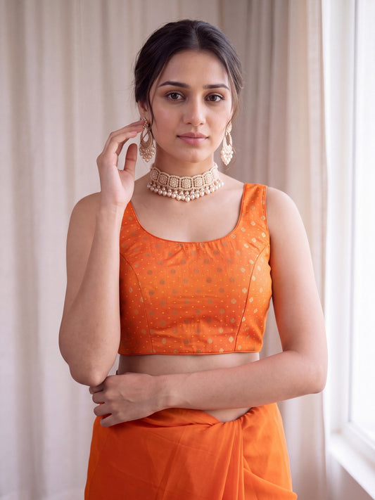 Orange zari woven silk blend sleeveless readymade saree blouse with round neck