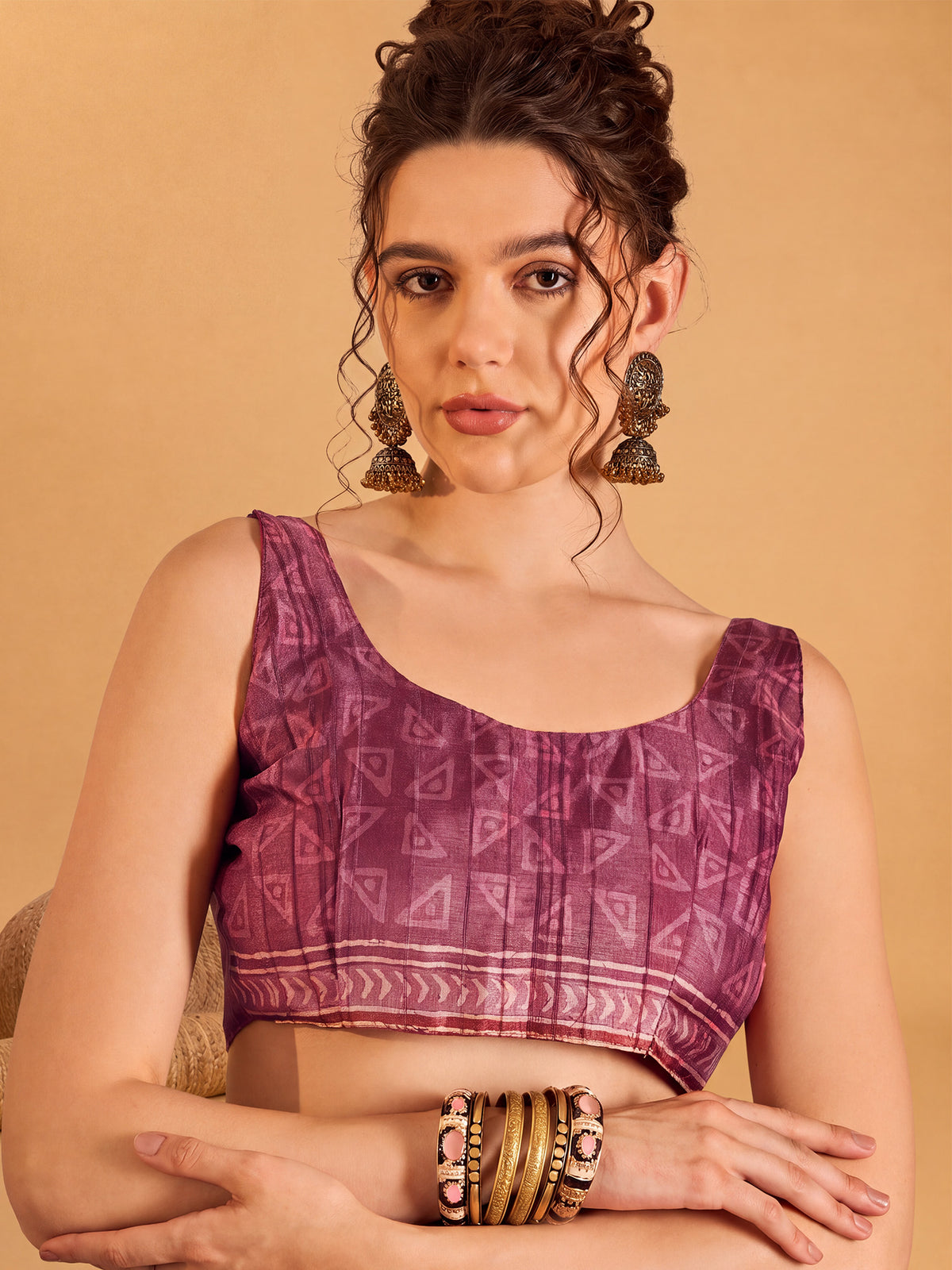 Unstitched mauve silk blend blouse piece with block prints design