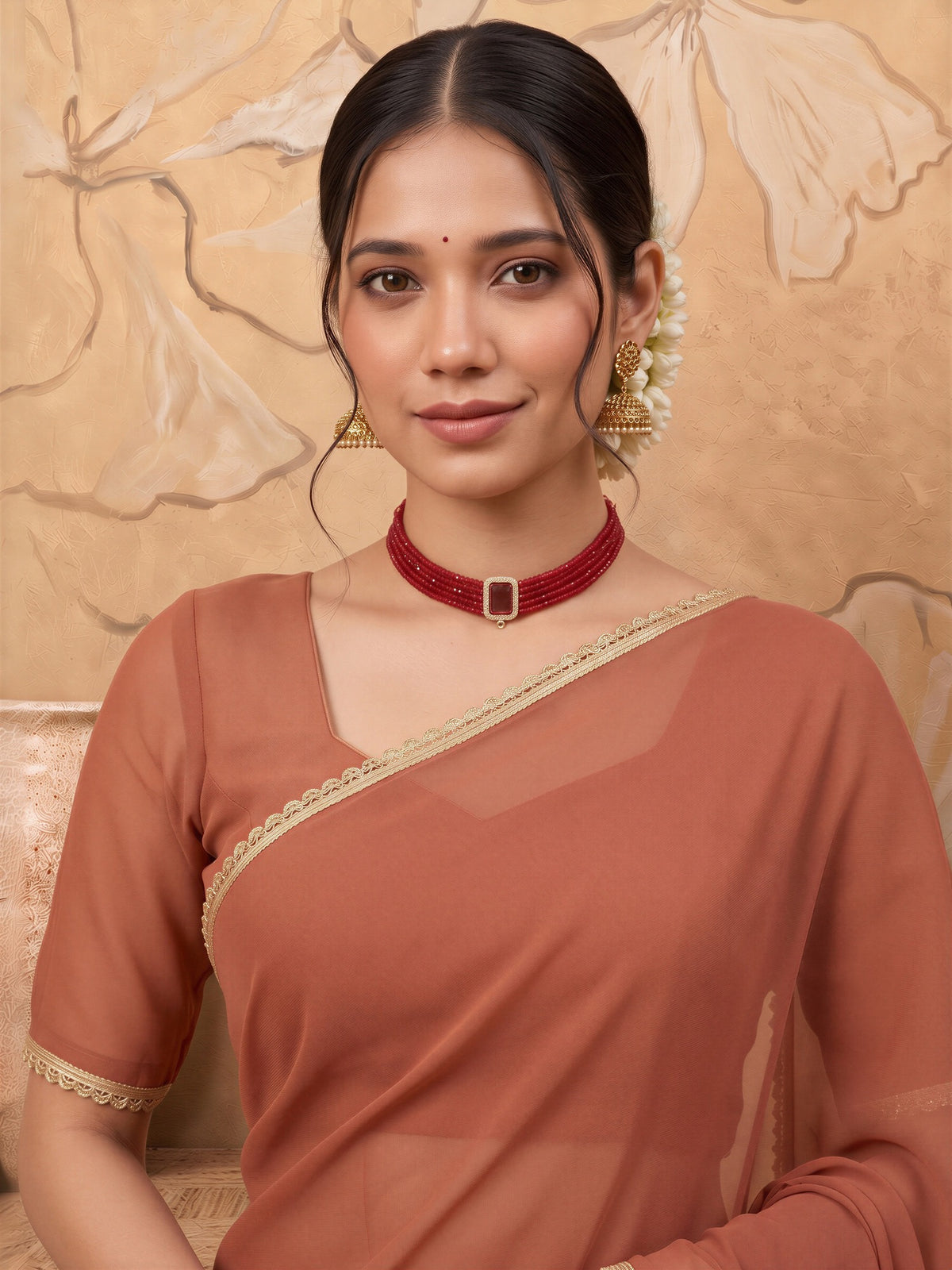 Rust satin silk saree view 4