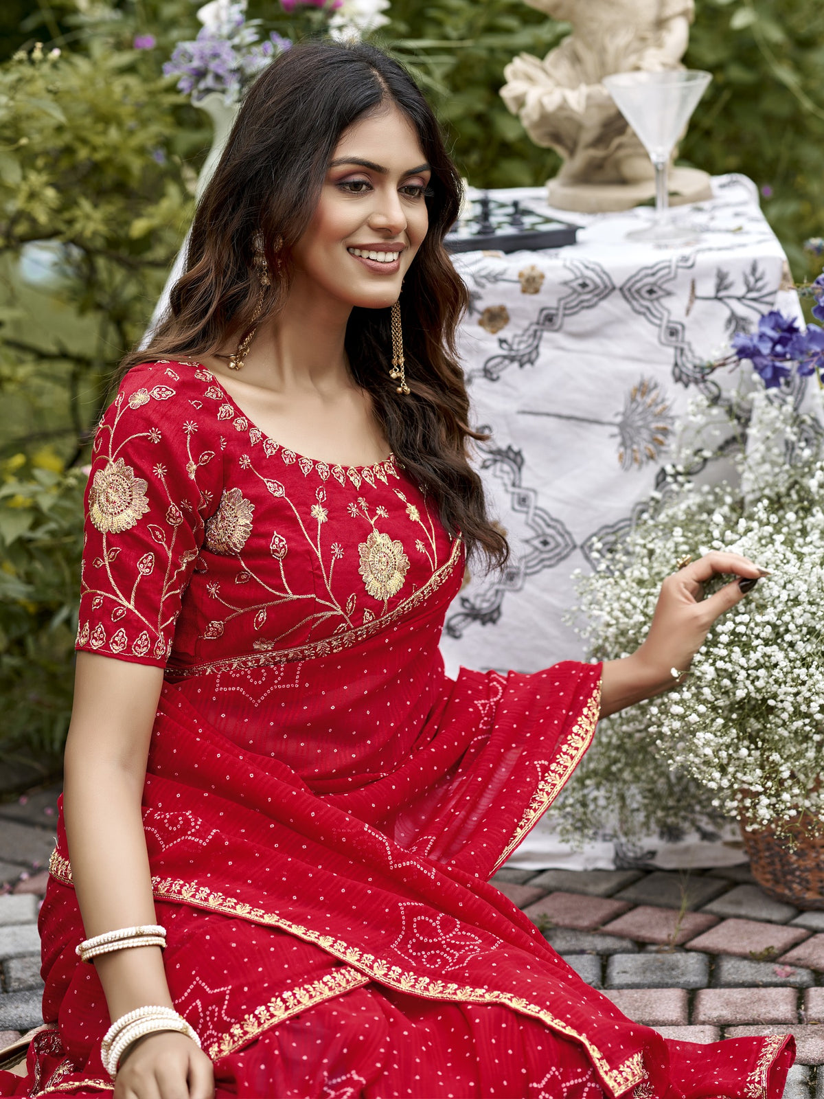 Red georgette saree view 4