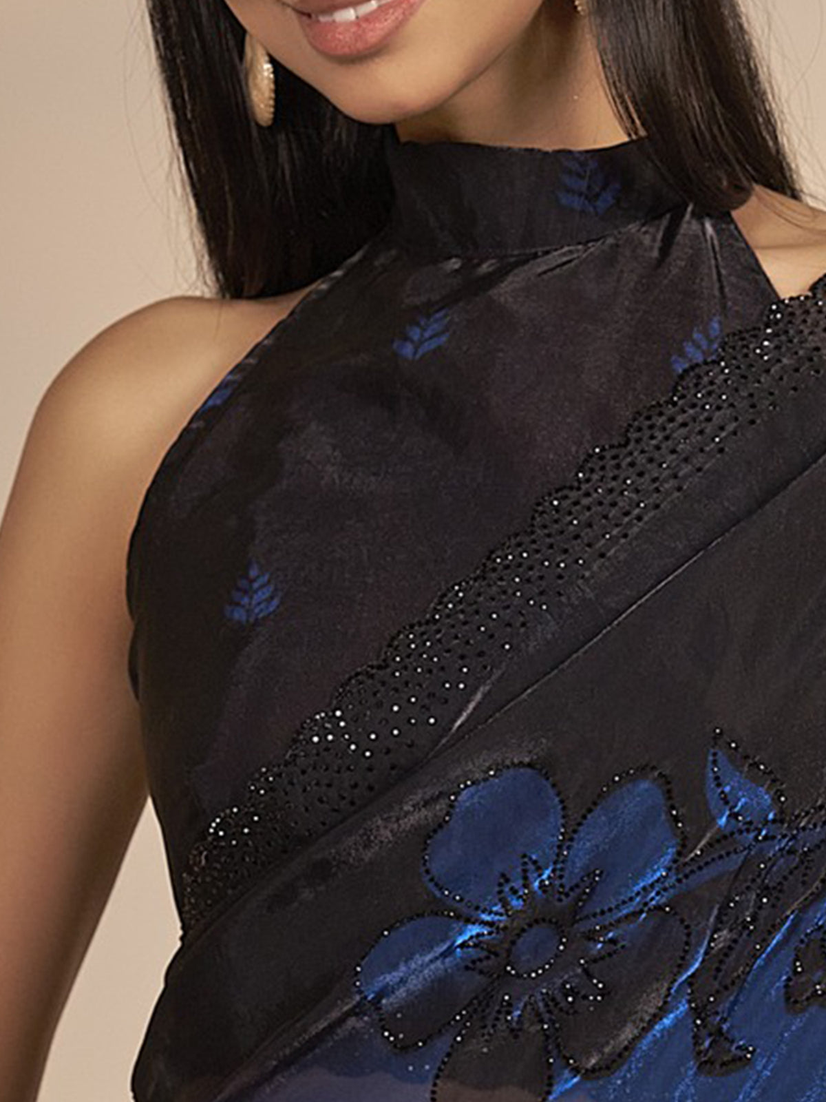 Unstitched black satin silk blouse piece with embellished design