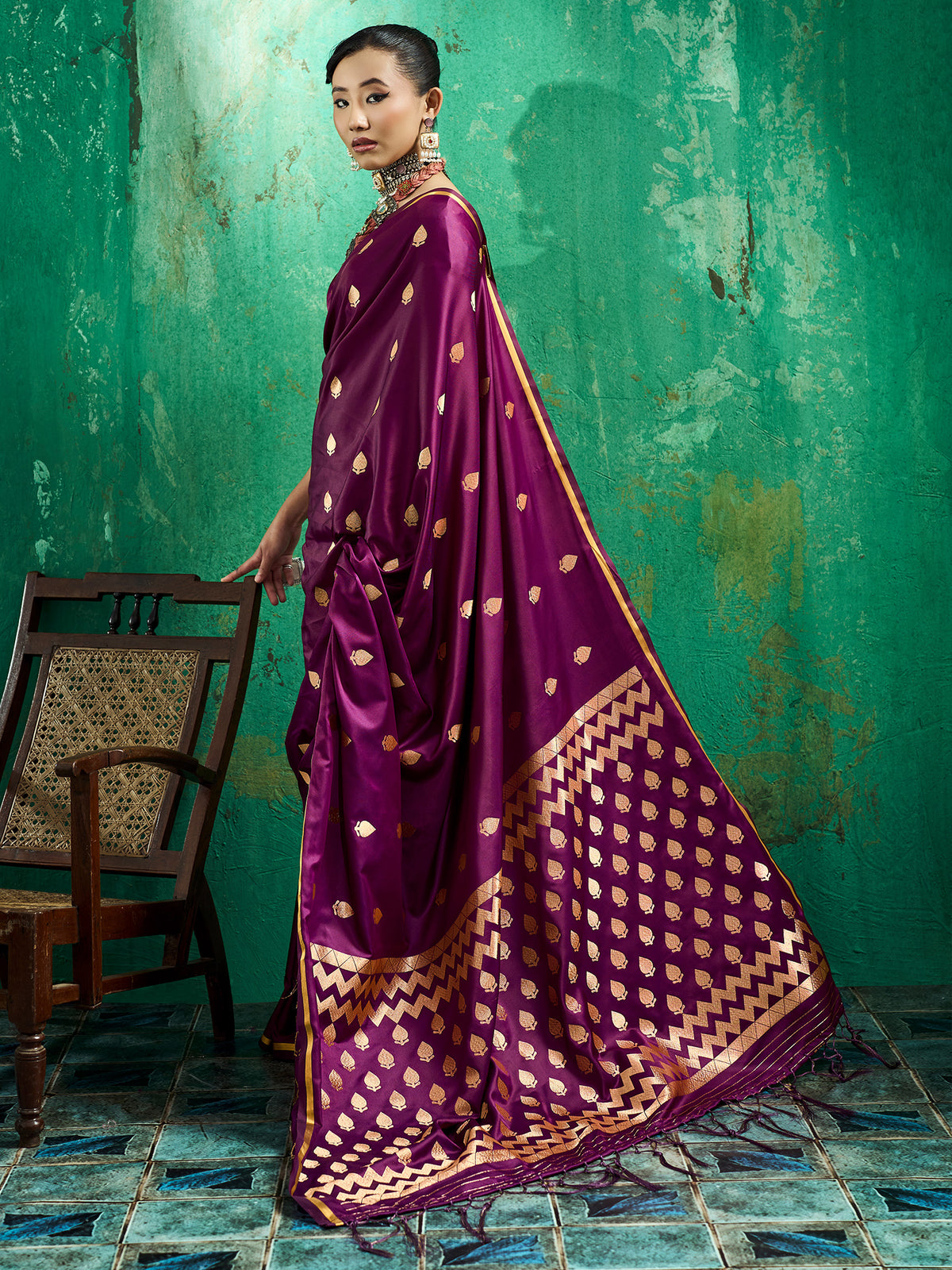 Wine Satin Silk saree – detail view 1