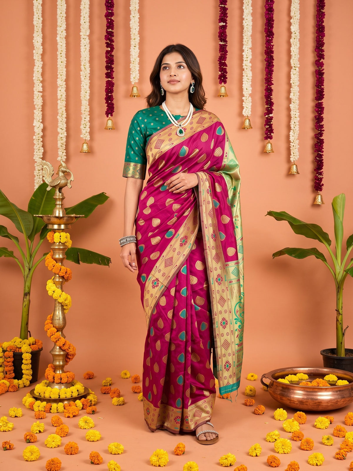 Woman wearing pink silk blend saree with zari butta (metallic motif) work and teal blue blouse
