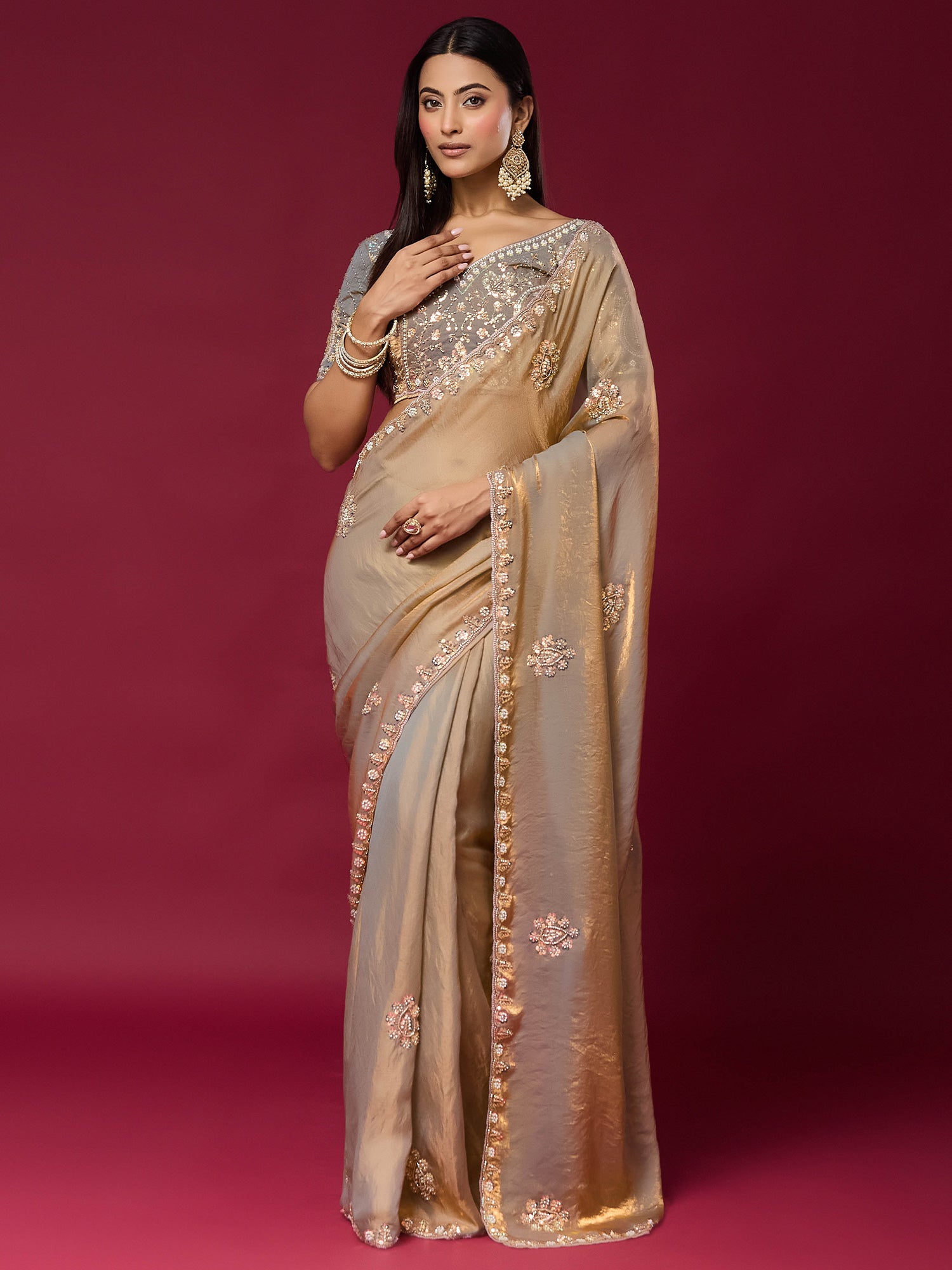 Woman wearing metallic satin silk saree with ornamented surface design and metallic blouse