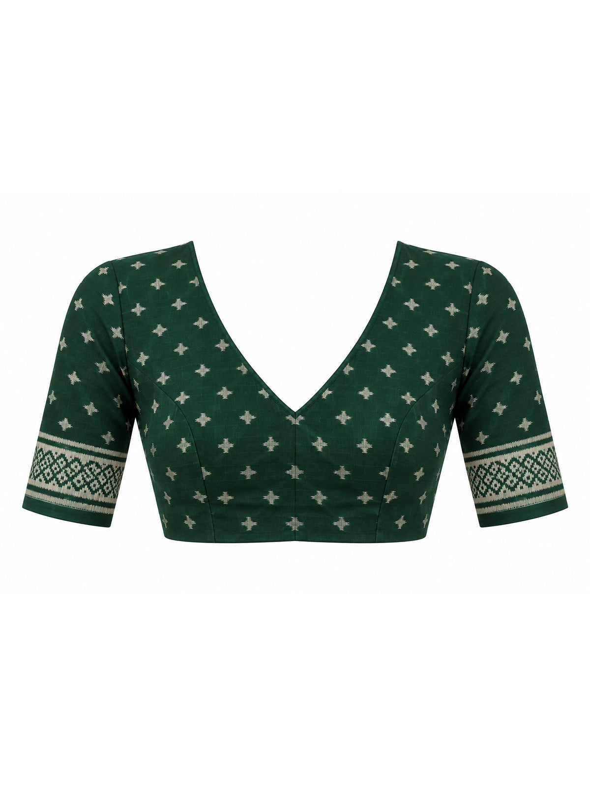 Unstitched green silk blend blouse piece with geometric design