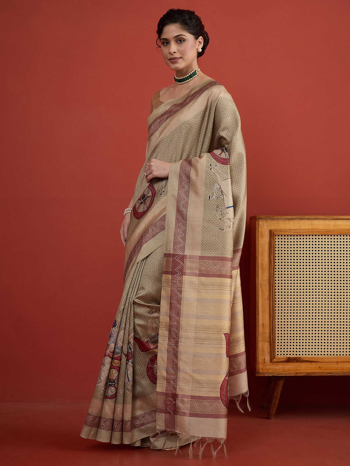 Beige art silk saree view 4