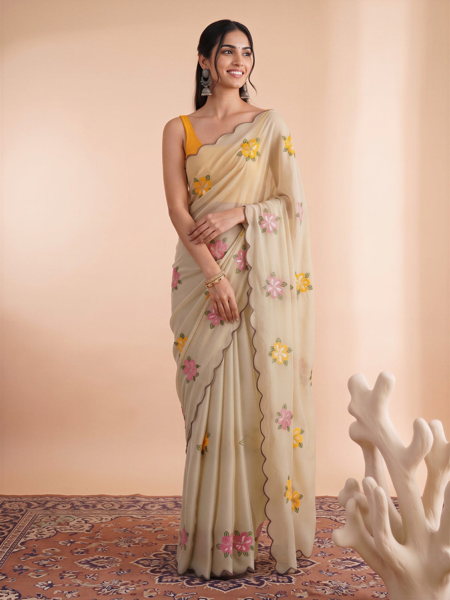 Cream Georgette saree – detail view 3